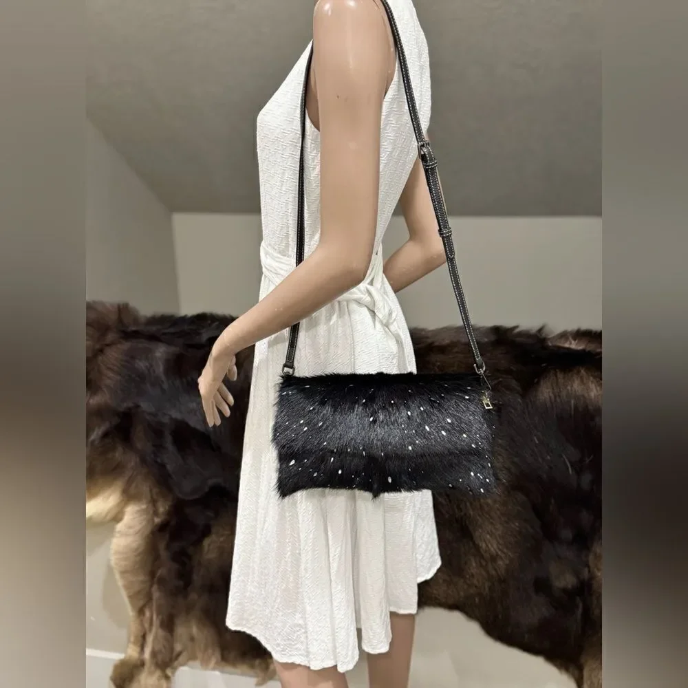 Black Real Goat Hair-on Hide Handmade Baguette Bag, 2 Straps Style